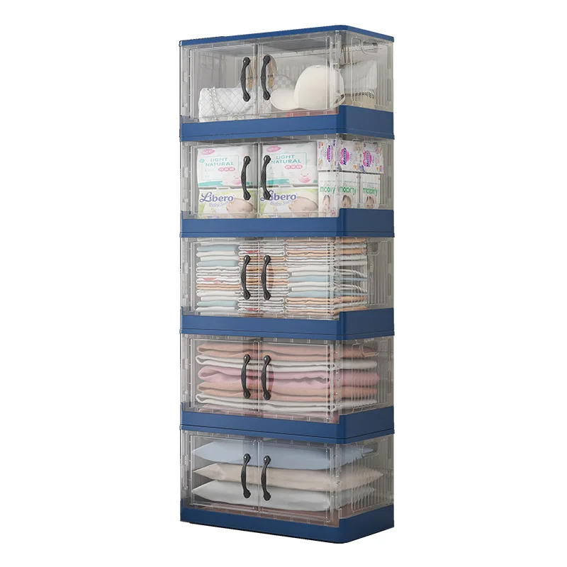 Double Door Folding Storage Box Large Plastic Transparent Clothing Storage Cabinets Toy Snack Multi-Layer Organize Lockers