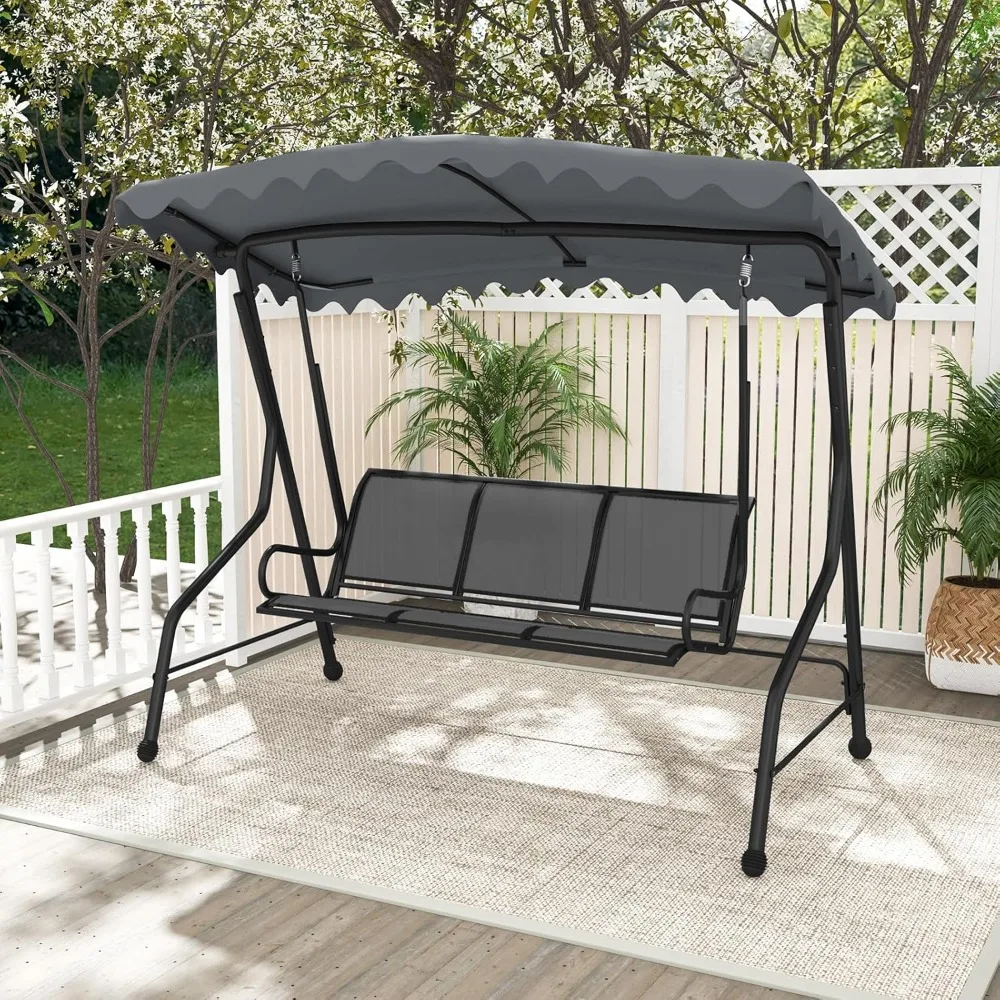 3 Person Porch Swing, Patio Swing with Adjustable Canopy, Heavy-Duty Metal Frame & Breathable Seat, Customized