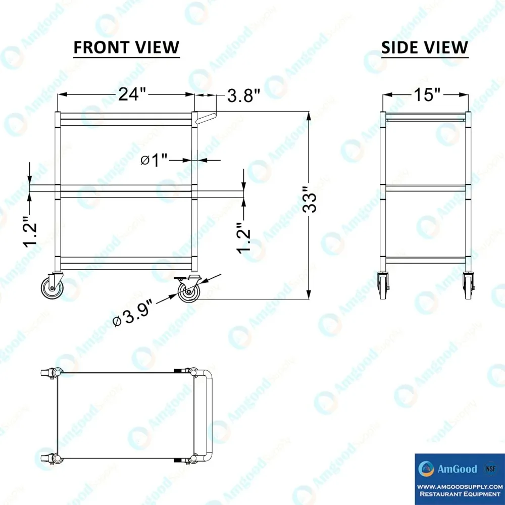 Carrinho utilitário de 3 camadas em aço inoxidável com rodas e alça - 15W x 24L x 33H, carrinho de metal durável para uso doméstico e de escritório