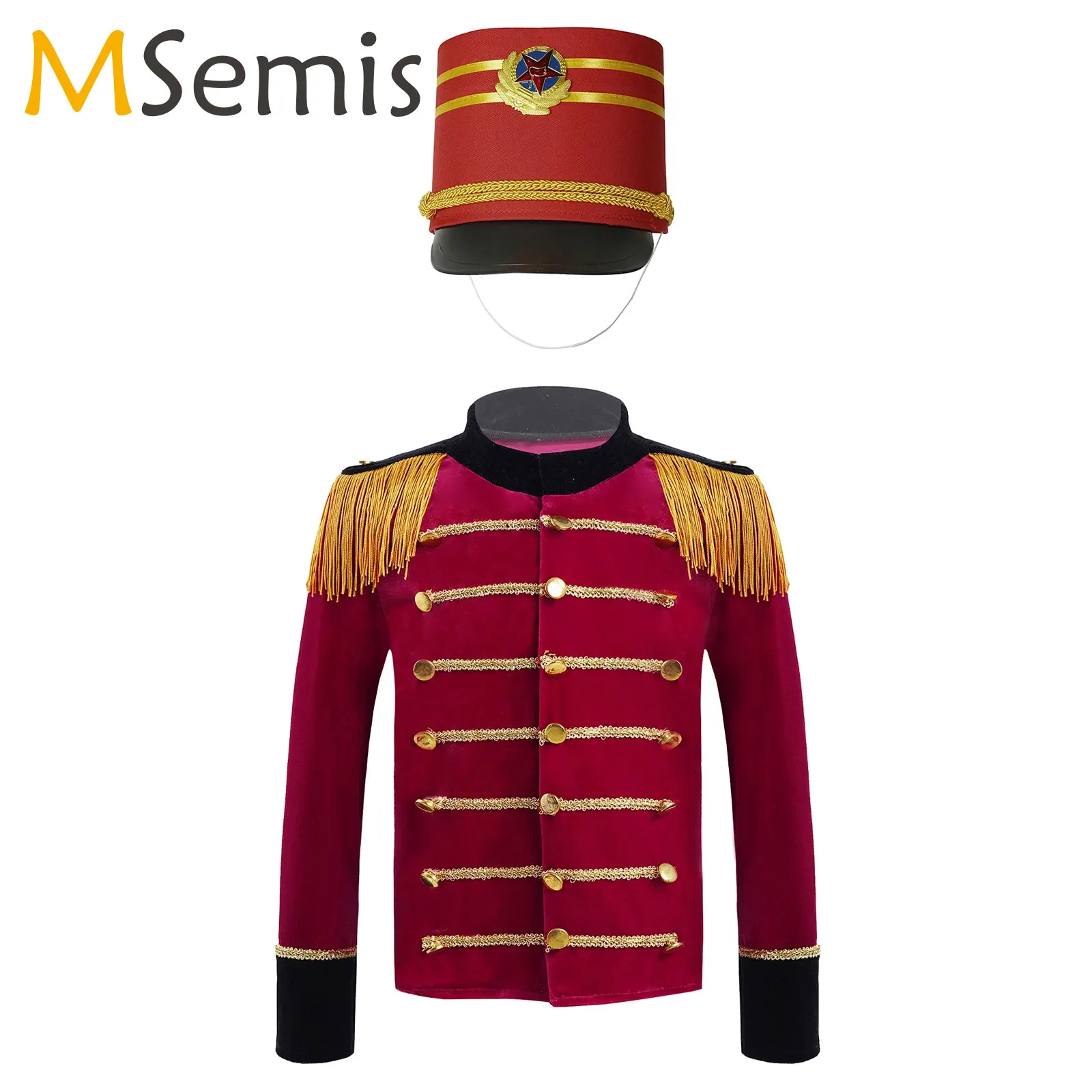 Kids Boys Nutcrackers Costume Drum Trumpet Team Honor Guard Performance Uniform Long Sleeve Tassels Tops+Hat Halloween Party Set