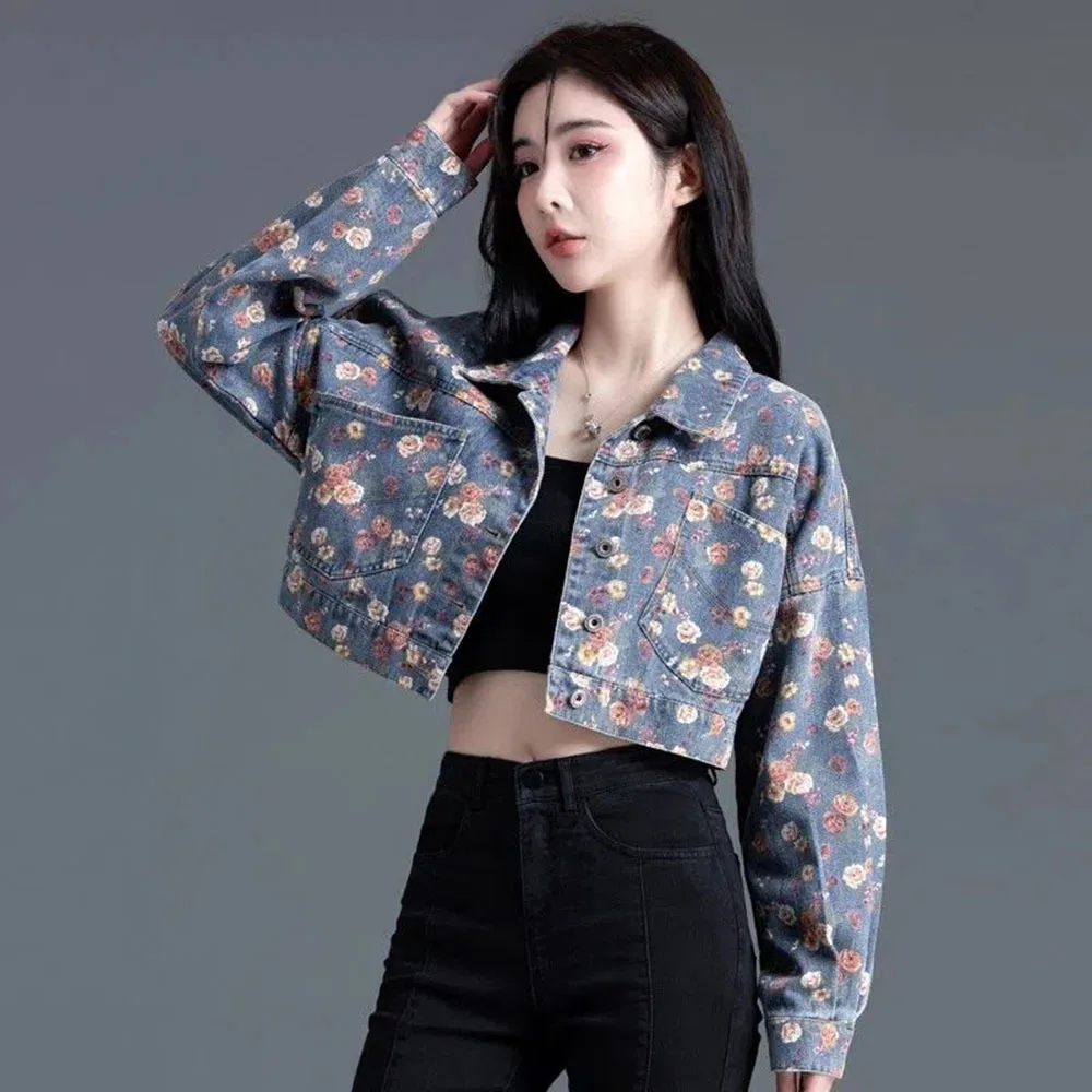 Denim Coat Women Spring Autumn 2023 New Fashion High Waist Short Jean Jacket Tops Female Sweet Flower Print Denim Outerwear