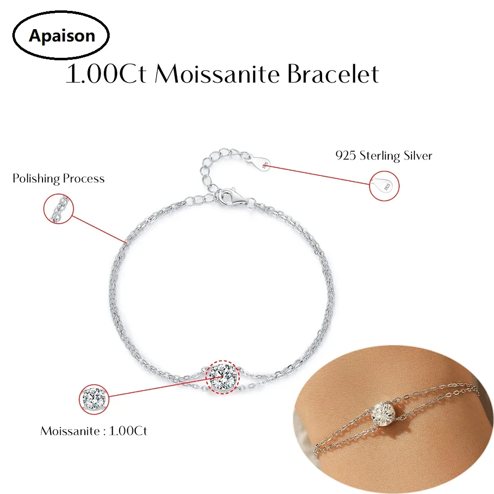 

Apaison 1 ct Moissanite Bridal Bracelet 925 Sterling Silver Delicate Double Layer Bracelets For Women Anniversary Jewelry Gift