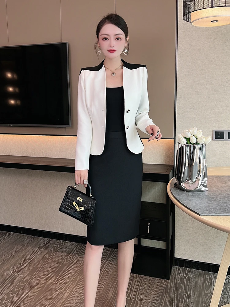 ZJYT Autumn Color Block Blazer Suit Skirt Two Piece Dress Sets Women Outfit Elegant Office Formal Conjuntos De Falda Vestidos