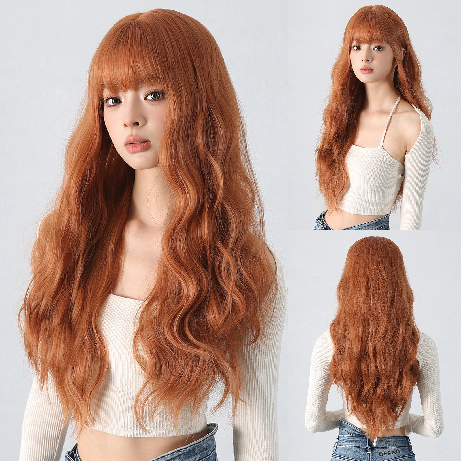 Copper Wigs Ginger Red Brown Long Fluffy Wavy Synthetic Wigs with Bangs Cosplay Hair Wig for Women Daily Natural Heat Resistant