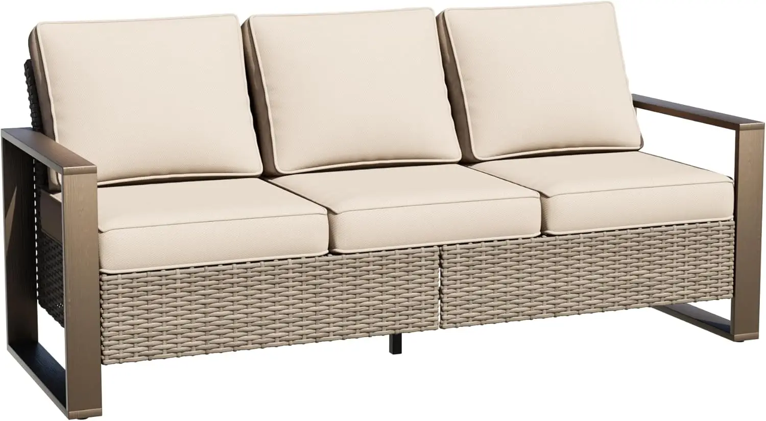 

75" Patio Metal Wicker Sofa, 3-Seat Sofa Couch with Premium Cushions & Rectangular Framed Wood-Looking Metal Armrest, Beige