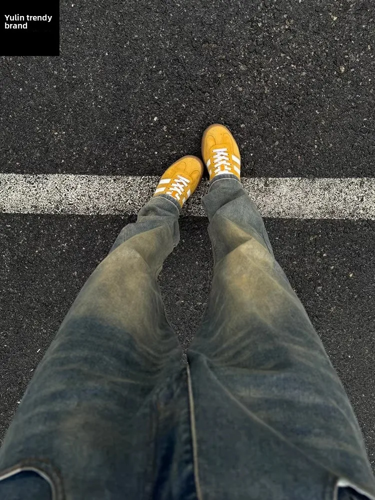 

Retro Blue Bell Bottom Jeans Men's American High Street Long Summer Thin Slim Straight Leg Trousers Youth Casual Jeans