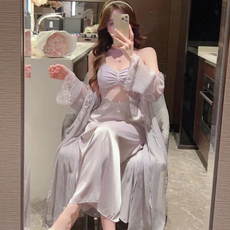 Bride Kimono Bathrobe Gown Suit Female Twinset Robe Set Lace Chemise Nightgown Summer Mesh Satin Sleepwear Nightdress Home Wear