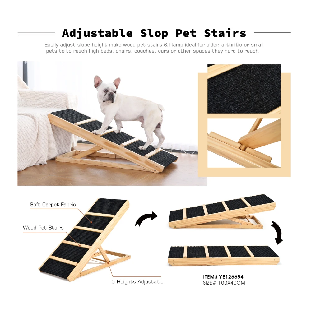 Wooden Pet Ramp Indoor Eco-Friendly Adjustable Height Dog Ramp Folding Sturdy Wooden Pet Ramp Stairs