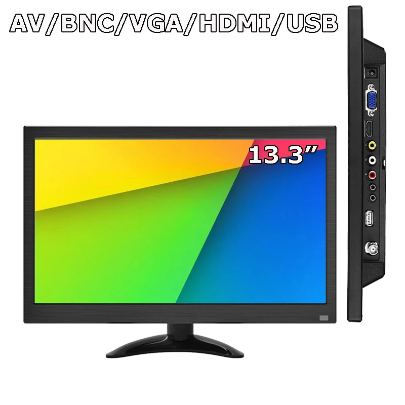 13.3 Inch 16:9 Desktop Computer Security Monitor LCD Display With Speakers Full HD 1920x1080 Support AV BNC HDMI VGA Audio Input