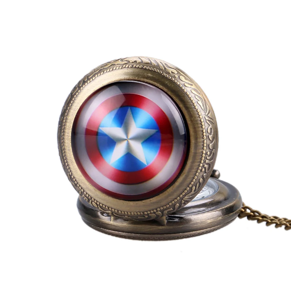 Marvel Captain America Shield Medium Size Quartz Pocket Watch Infinitely Powerful Weapon S.H.I.E.L.D. Hero Necklace FOB Chain