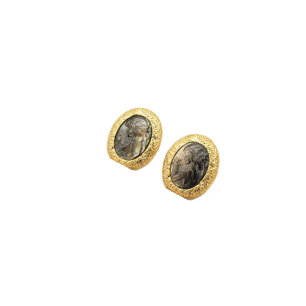 Vintage Jewelry High-End Oval Black Mother-of-Pearl Carved Earrings Retro view 5