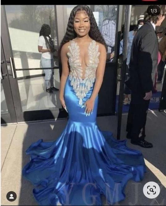 Blue Long Prom Dresses 2025 Luxury Black Girl Rhinestone Beads Sheer Top Mermaid Evening Party Gala Gowns Graduation Customized