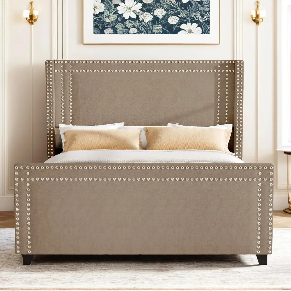 

King Bed Frame, Chenille Upholstered Platform Bed with Wingback Headboard & Footboard, Nailhead Trim, No Box Spring Ne