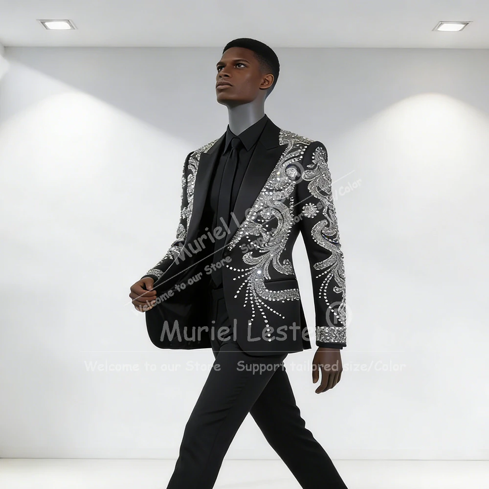 

Sparkling Crystals Beaded Suits Men For Wedding 2 Pieces Sets Customized Peaked Label Prom Tuxedos Male Fashion Groom Blazers