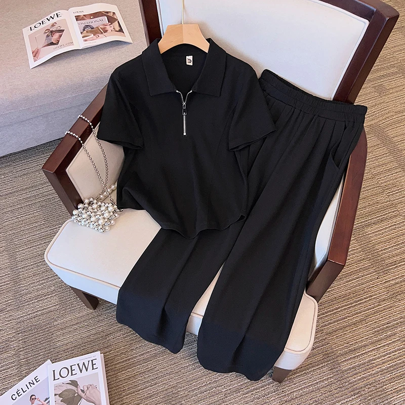 

Летний хлопковый комплект из двух предметов для женщин, футболка с воротником-поло, топы и брюки, женские элегантные черные и фиолетовые подходящие костюмы больших размеров