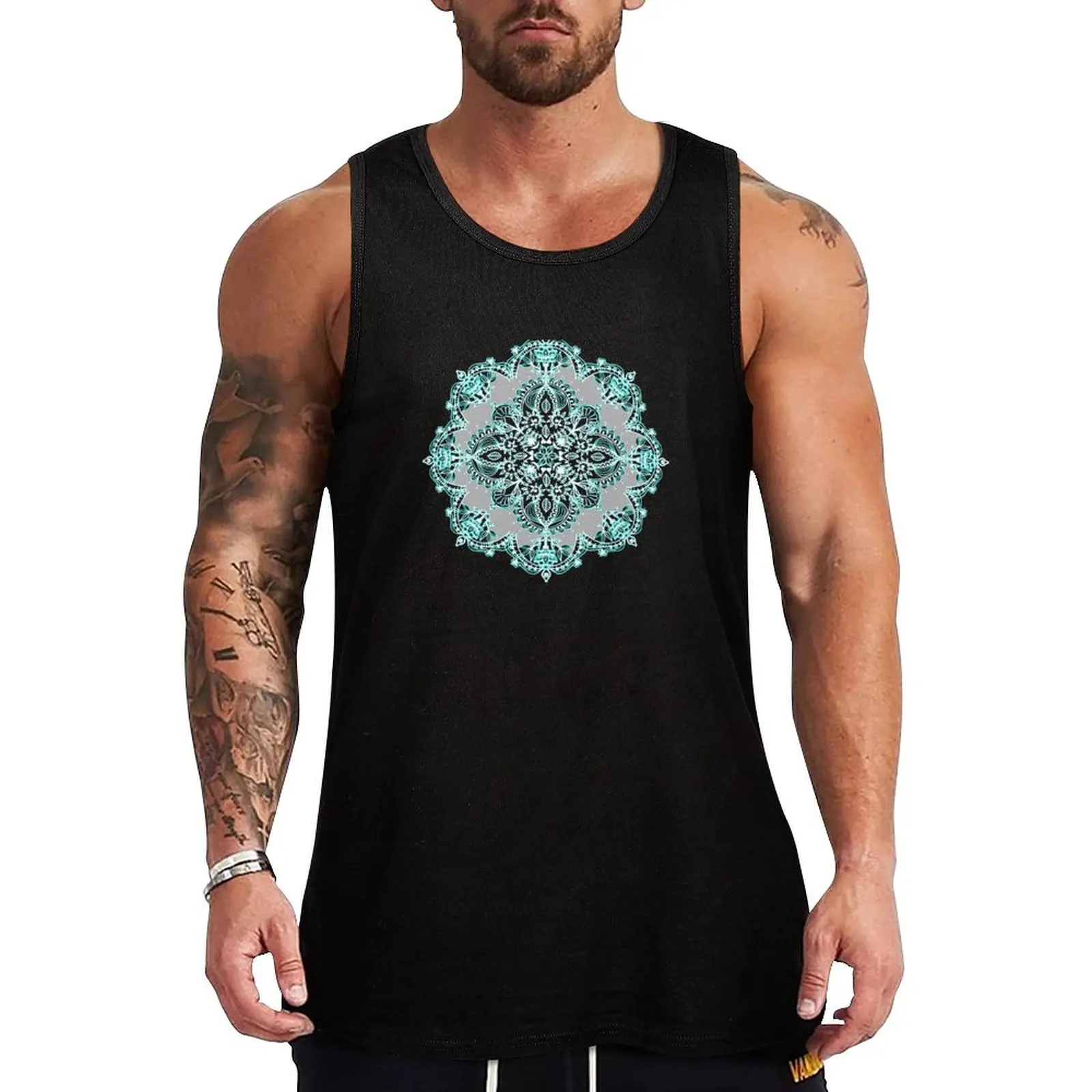 

Teal and Aqua Lace Mandala on Grey Tank Top Simple Graphic Tank Top Minimal Print Sleeveless