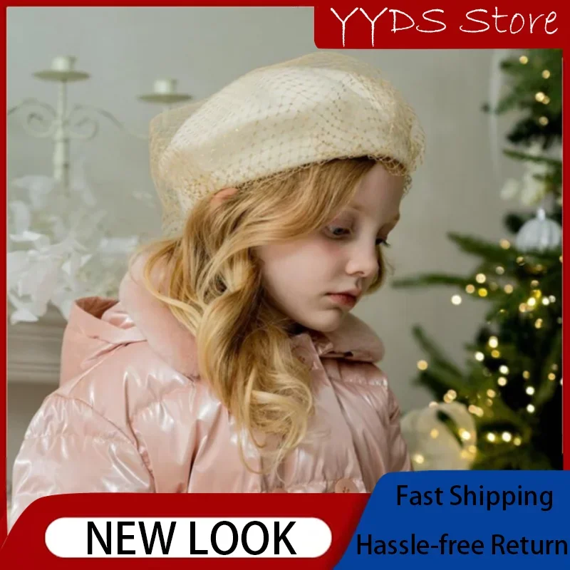 Children's Version of The Hepburn Style Lace Beret French Retro Mesh Beret Bow Decoration All-match Woolen Hat Beanie