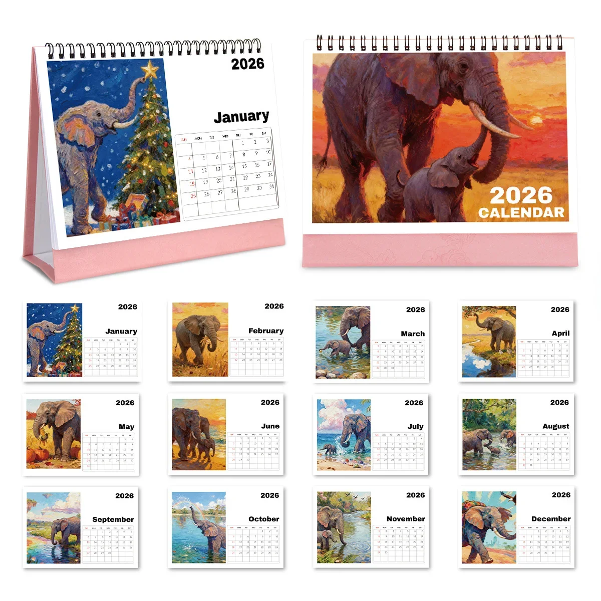 

1PC Warm Elephant-Themed Desktop Calendar for Home & Office Desks Ideal for Elephant Lovers Great 2026 New Year Present