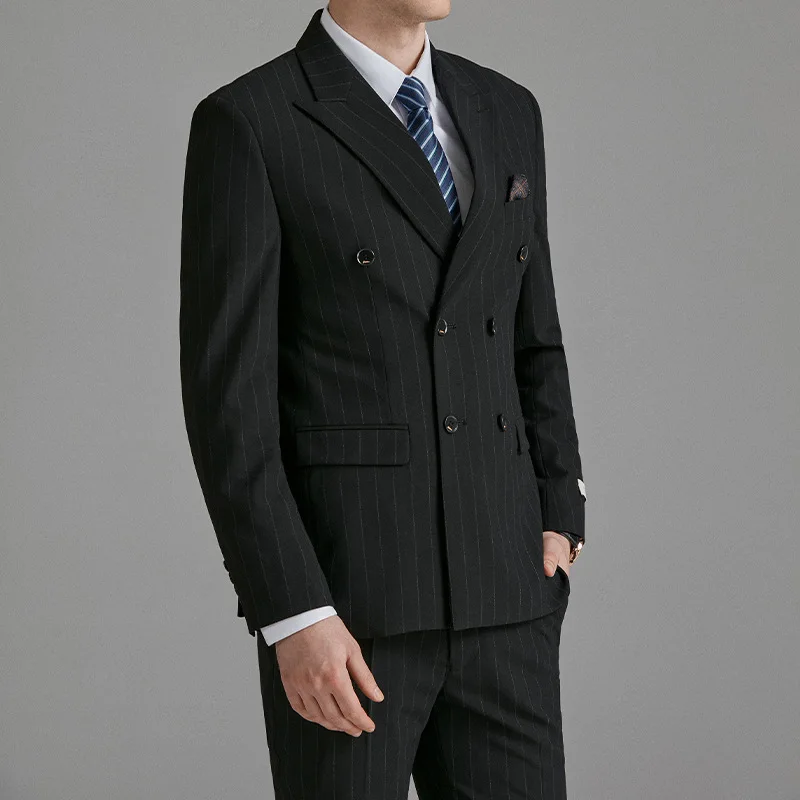 (6) Custom Groom Wedding Suit Double-breasted Striped Men's Slim-fit Suit