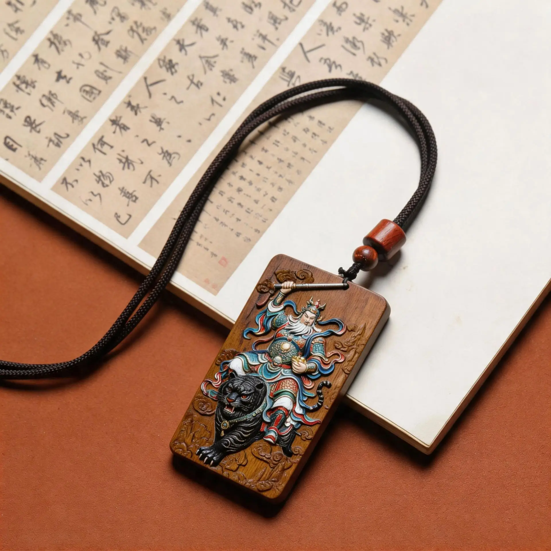 Natural jujube wood finely carved black tiger Zhao Gongming pendant Taoist lightning-struck jujube wood relief wooden plaque car