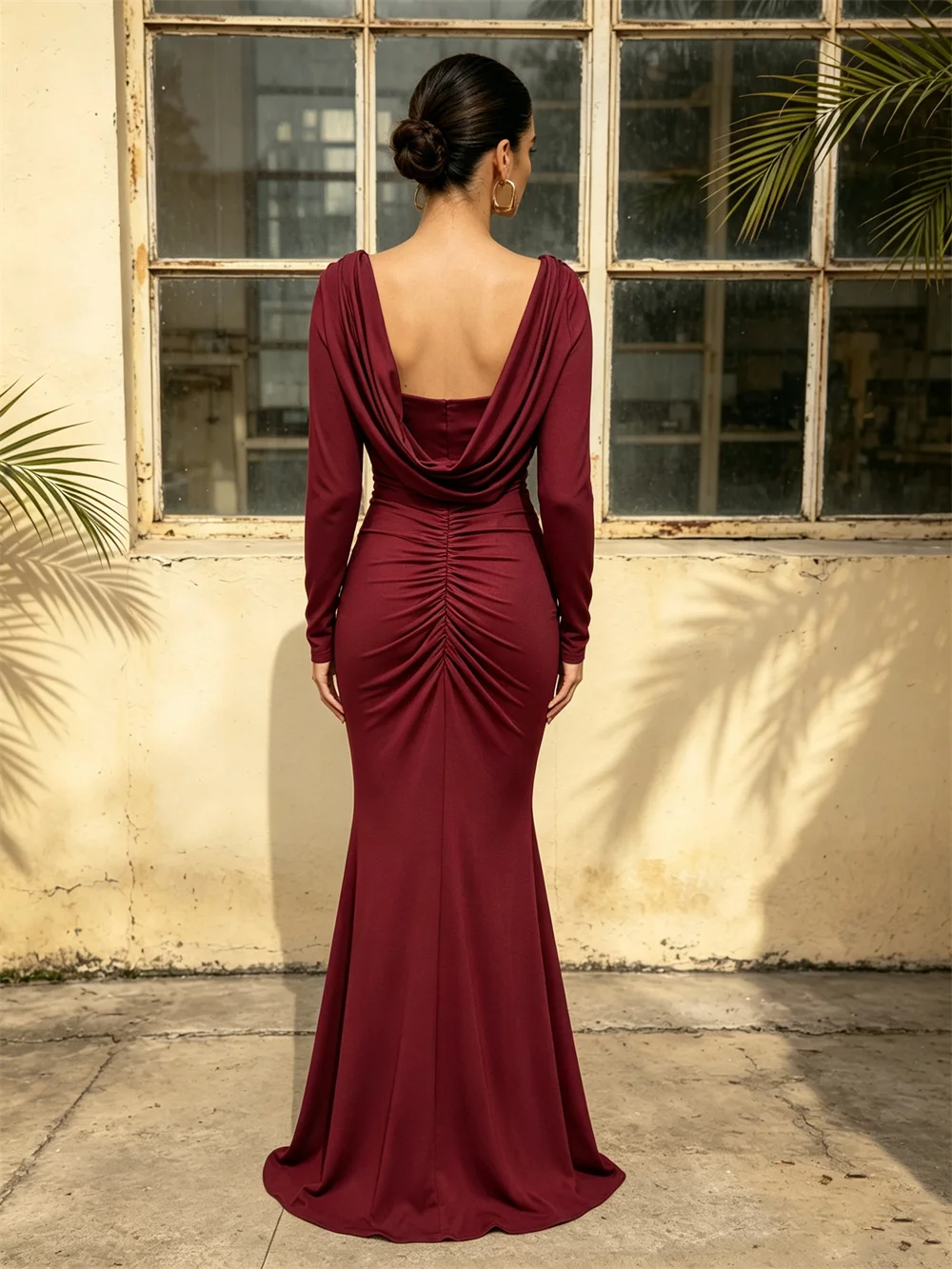 Burgundy Long Sleeve Evening Dress Women Sweetheart Corset Ruched Mermaid Gown High Slit Formal Party Evening Maxi Dress