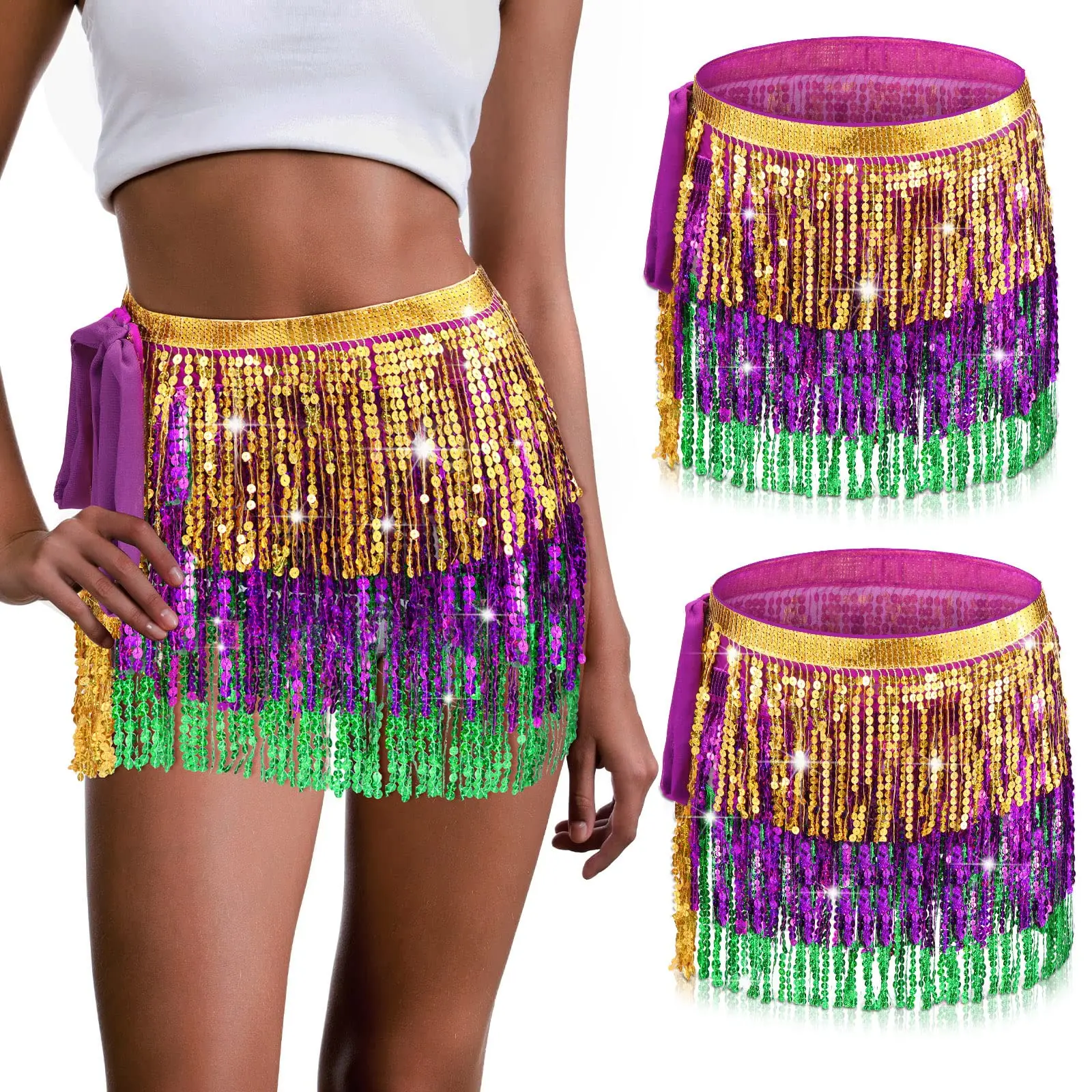  2 Pcs Mardi Gras Sequin Tassel Skirt Ladies Party Wear Outfits Women'S Belly Dancing Skirt Attire