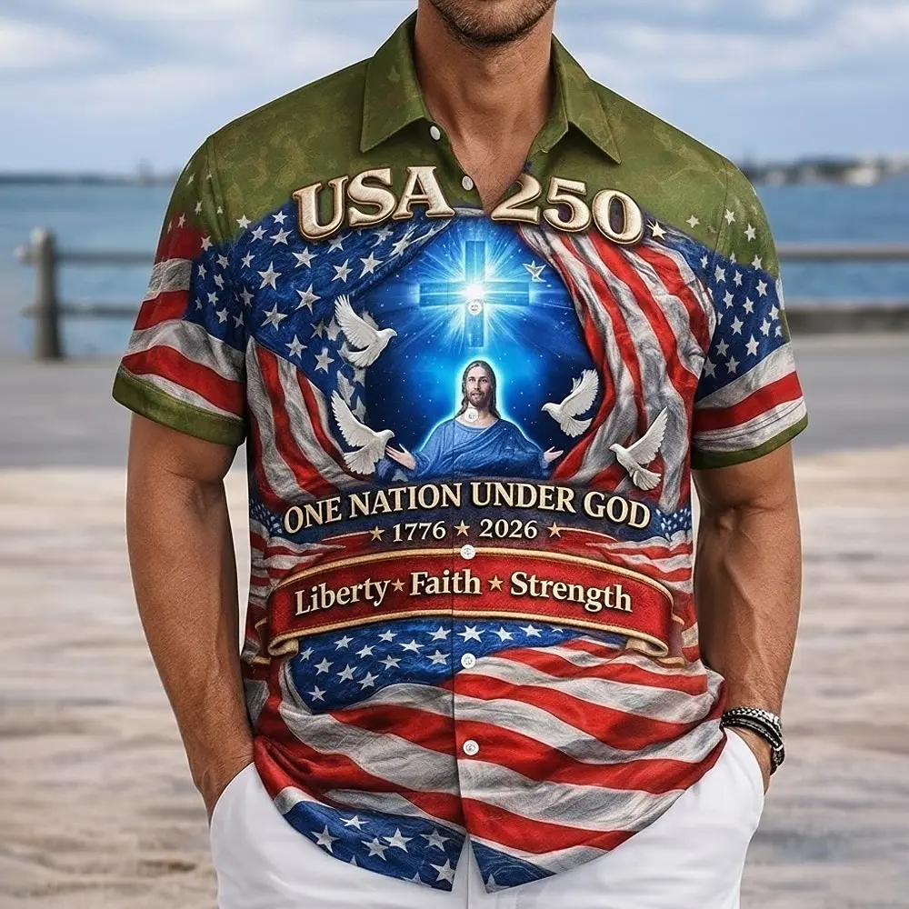Men's Jesus US Flag America's 250th Anniversary Shirt Button Up Shirt Short Sleeve Patriotic Outdoor Holiday Summer Spring