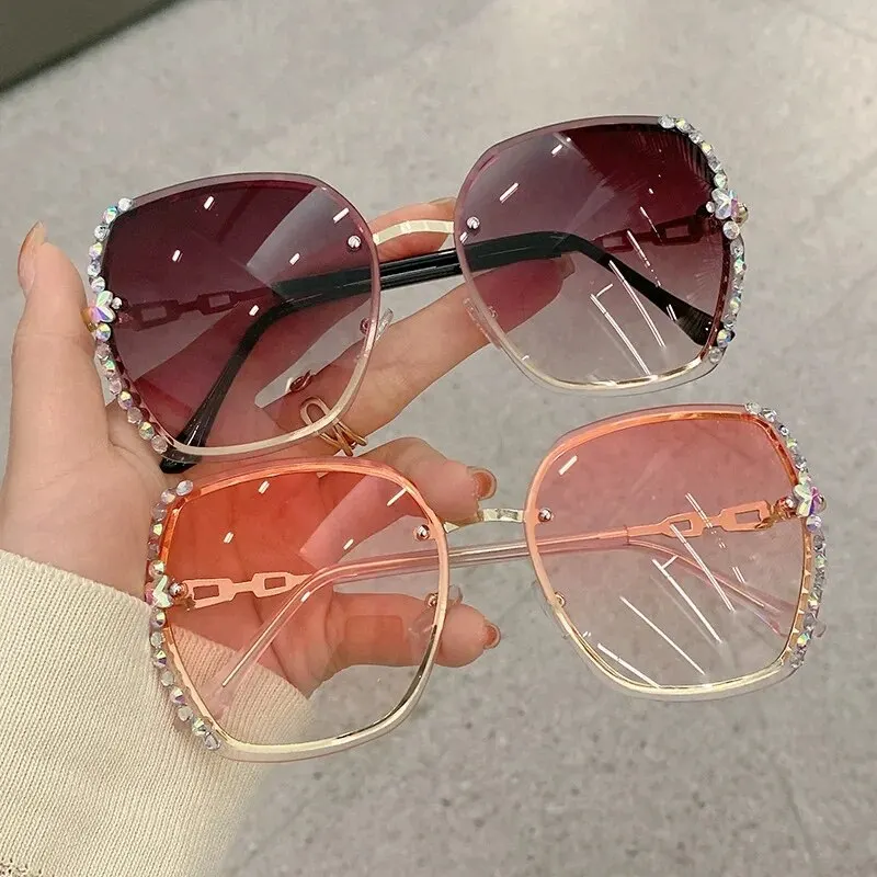 Rhinestone Embellished Frameless Fashion Trend Sunglasses For Women Men Casual Gradient Glasses Summer Beach Party, UV400