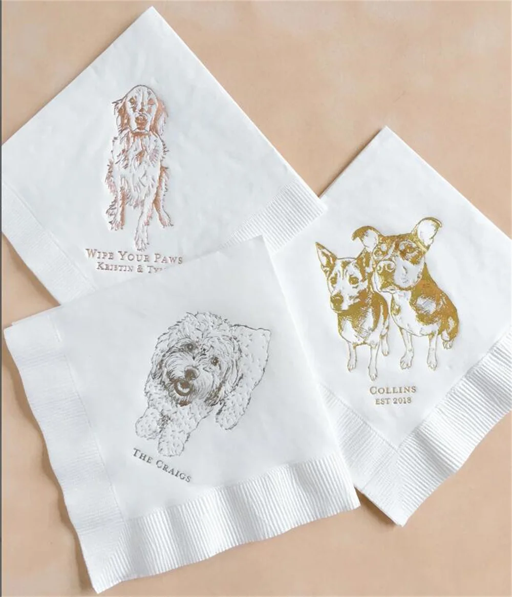 50PCS Custom Pet Cocktail Napkins for Weddings and Special Events - Personalized Wedding Napkins with Dog or Cat Illustrations