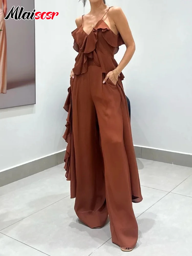 

Повседневный комплект Mlaiscsr: топ без рукавов с V-образным вырезом и широкие брюки с рюшами из шифона, 2 предмета, для женщин, уличный стиль, женская одежда