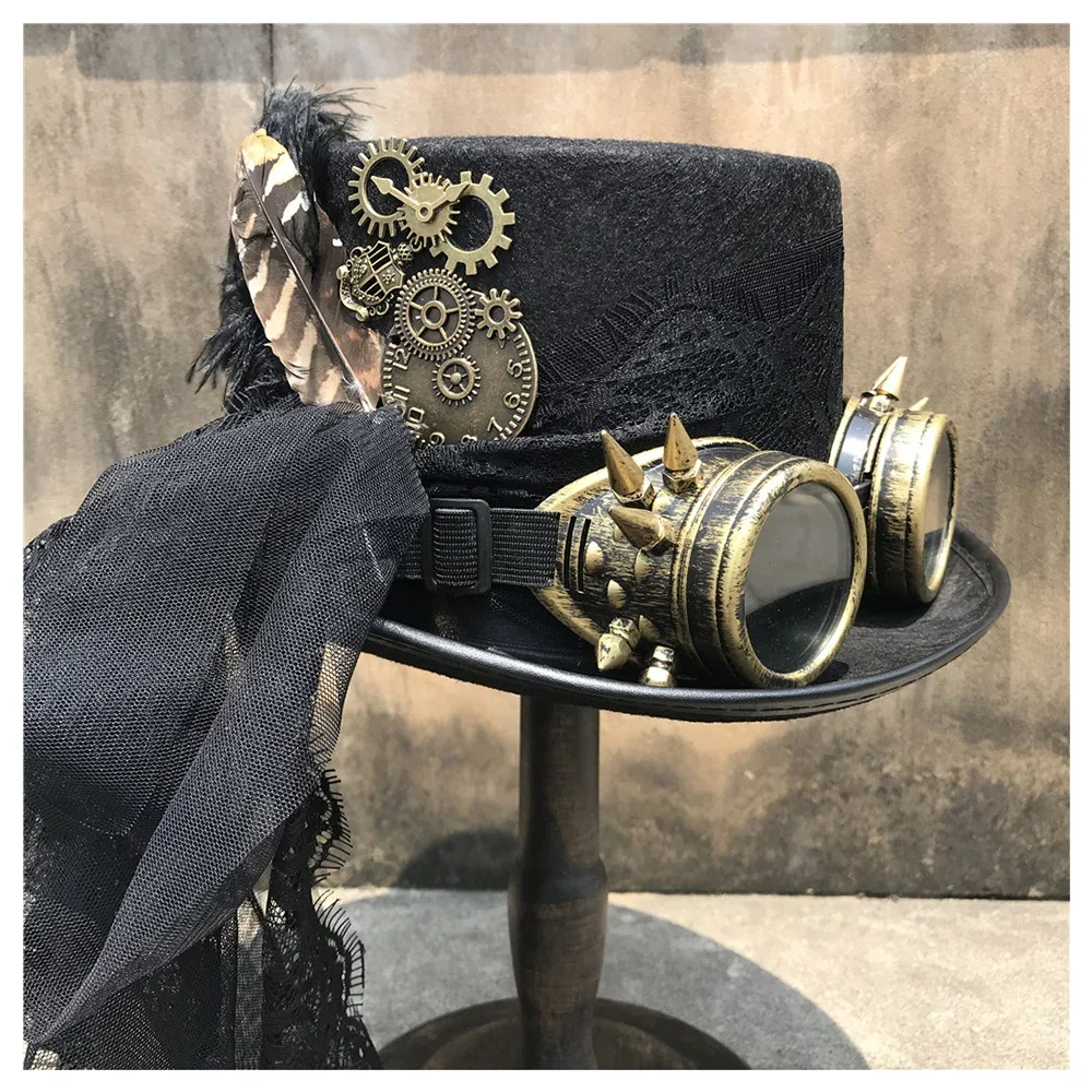 Fashion Women Handmade Steampunk Top Hat With Gear Glasses and Lace Stage Magic Hat Party Hat Size 57CM Steampunk Hat
