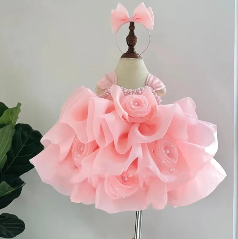 Luxury Puff Ball Gowns Flower Girl Dresses Pink Ball Gown Birthday Party Dress for Girls Tiered Puff Glitter Kids Pageant Gown