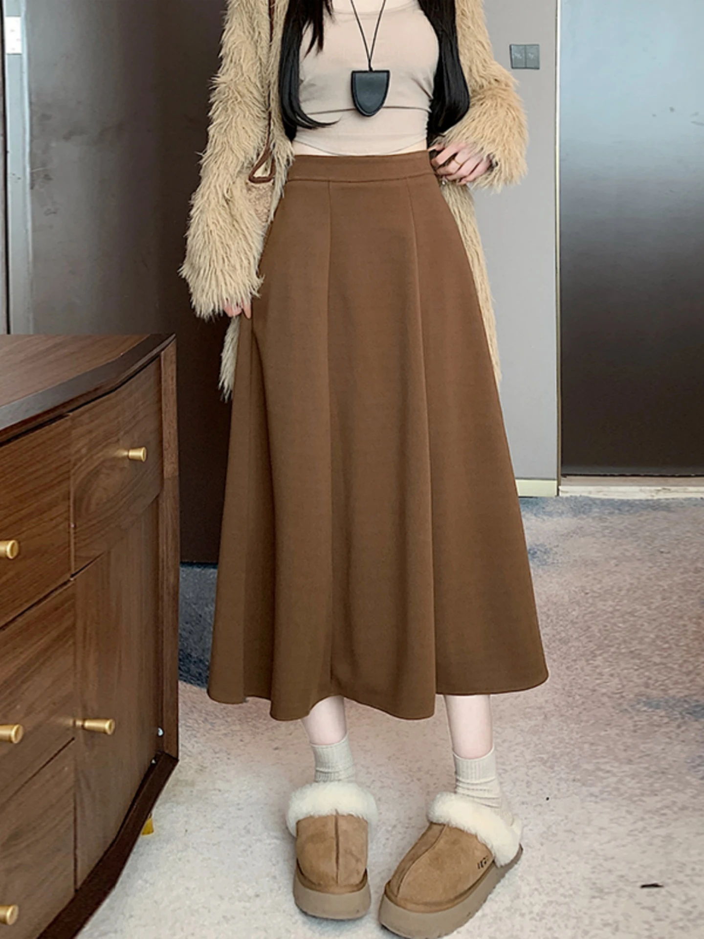 Khaki Woolen High Waist A-Line  Skirt Women's Spring Autumn plus Size Hiding Hip Flared Skirt Korean Style Commute