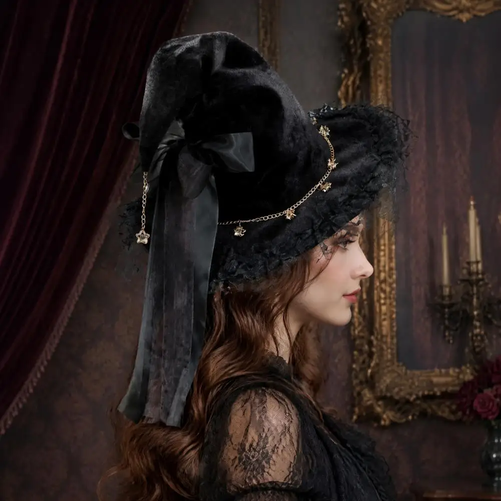 Halloween Theme Ornaments Witch Hat for Women Halloween Costume Lace Mesh Hat with Ribbon Bow Black Veil for Cosplay for Party