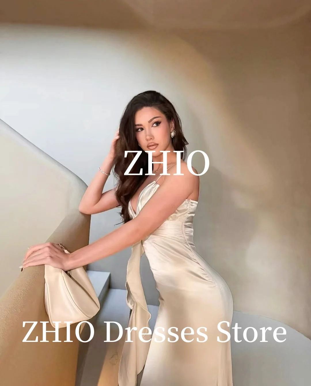 ZHIO Elegant Champagne Evening Dresses Spaghetti Straps Rose Draped Floor Length Formal Occasion Party Dress Prom Gown Customize