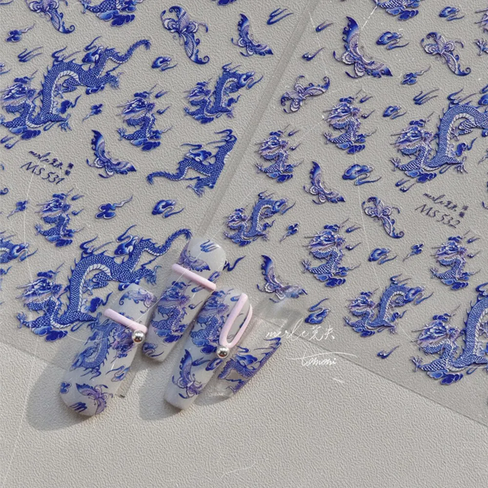 5D Rosso Blu Drago Adesivo per unghie Rilievi in rilievo Nuvole di buon auspicio Cursori per unghie Autoadesivi Decalcomanie per manicure in porcellana cinese