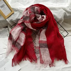 Linen Plaid Contrast Tassels Linen Men/Women Scarves Soft Thin Retro Scarf Pashmina Shawls Wraps Head Scarf bandanas