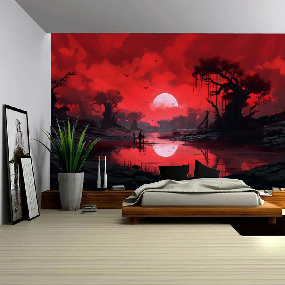 

Red and Black Forest Tapestry Cherry Blossoms Beautiful Countryside Wall Hanging Living Room University Dormitory Decoration