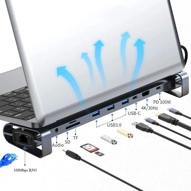 

Док-станция 10 в 1 с разъемом Type-C, 100 Вт, PD, 4K, HDMI, VGA, USB 3,0, RJ45, SD/TF