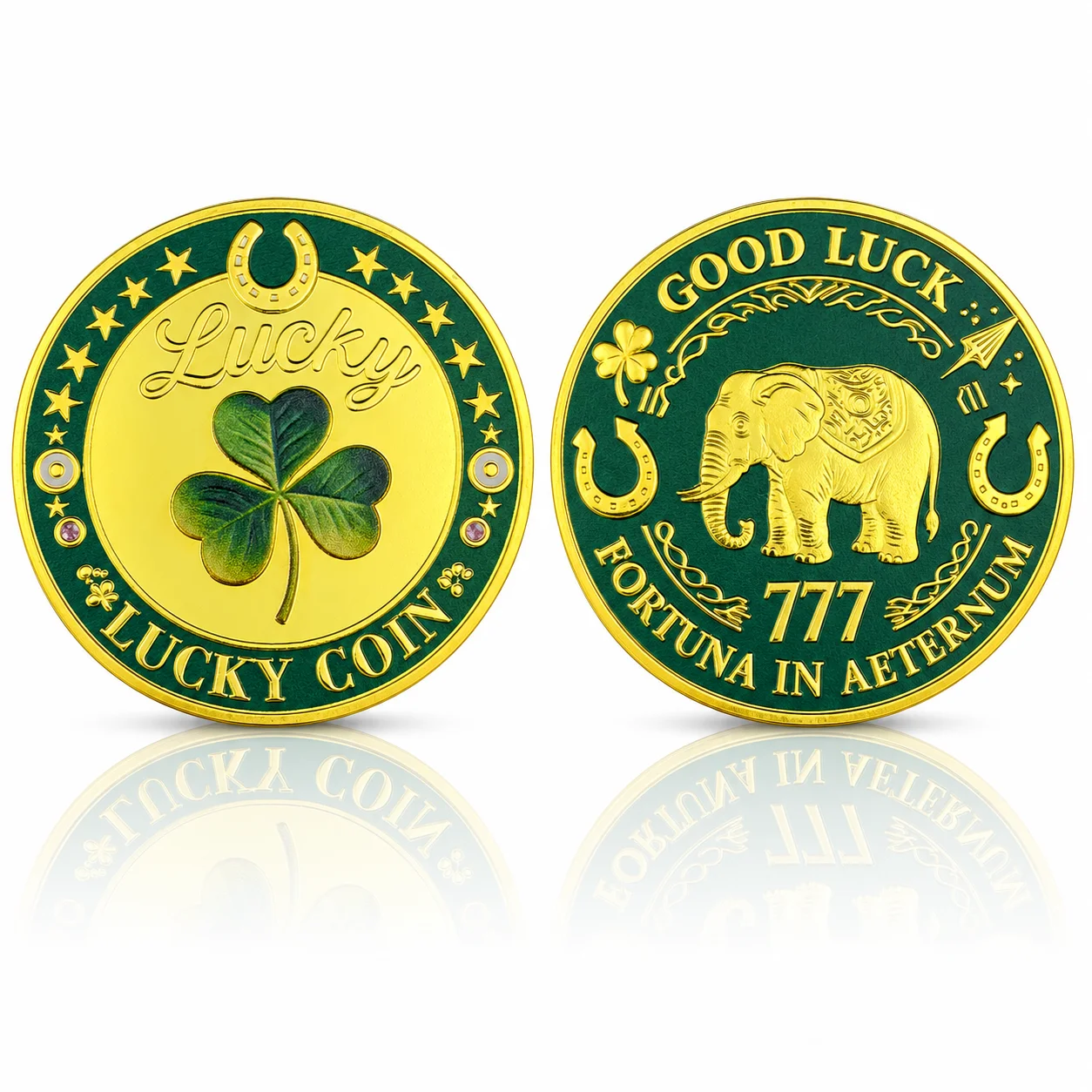 Horseshoe Clover and Elephant Lucky Coin Fortuna in Aeternum 777 Commemorative Coin in Capsule Green Matte Token Collectibles