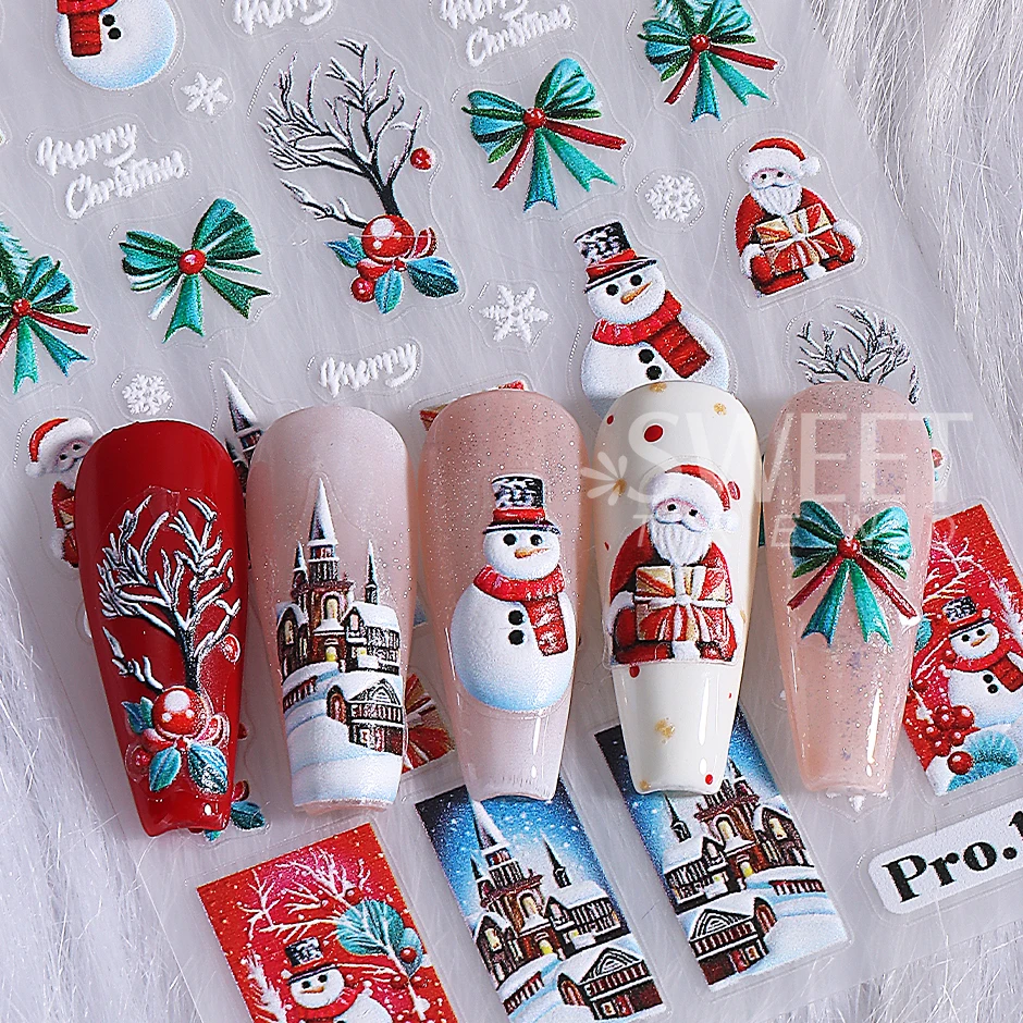 2/4 pezzi in rilievo Natale Babbo Natale adesivi per unghie carino pupazzo di neve maglione alce orso agrifoglio decalcomanie per unghie vacanza manicure decorazione