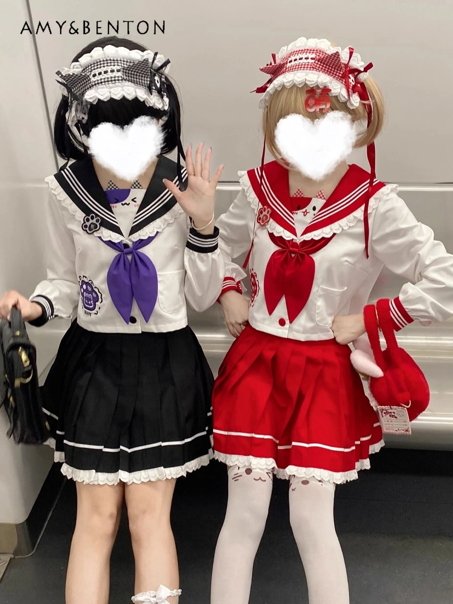 

Милый милый комплект униформы JK в японском студенческом стиле с мультяшным принтом и бантом, темно-синий воротник, рубашка с короткими рукавами, плиссированная юбка, комплект из двух предметов