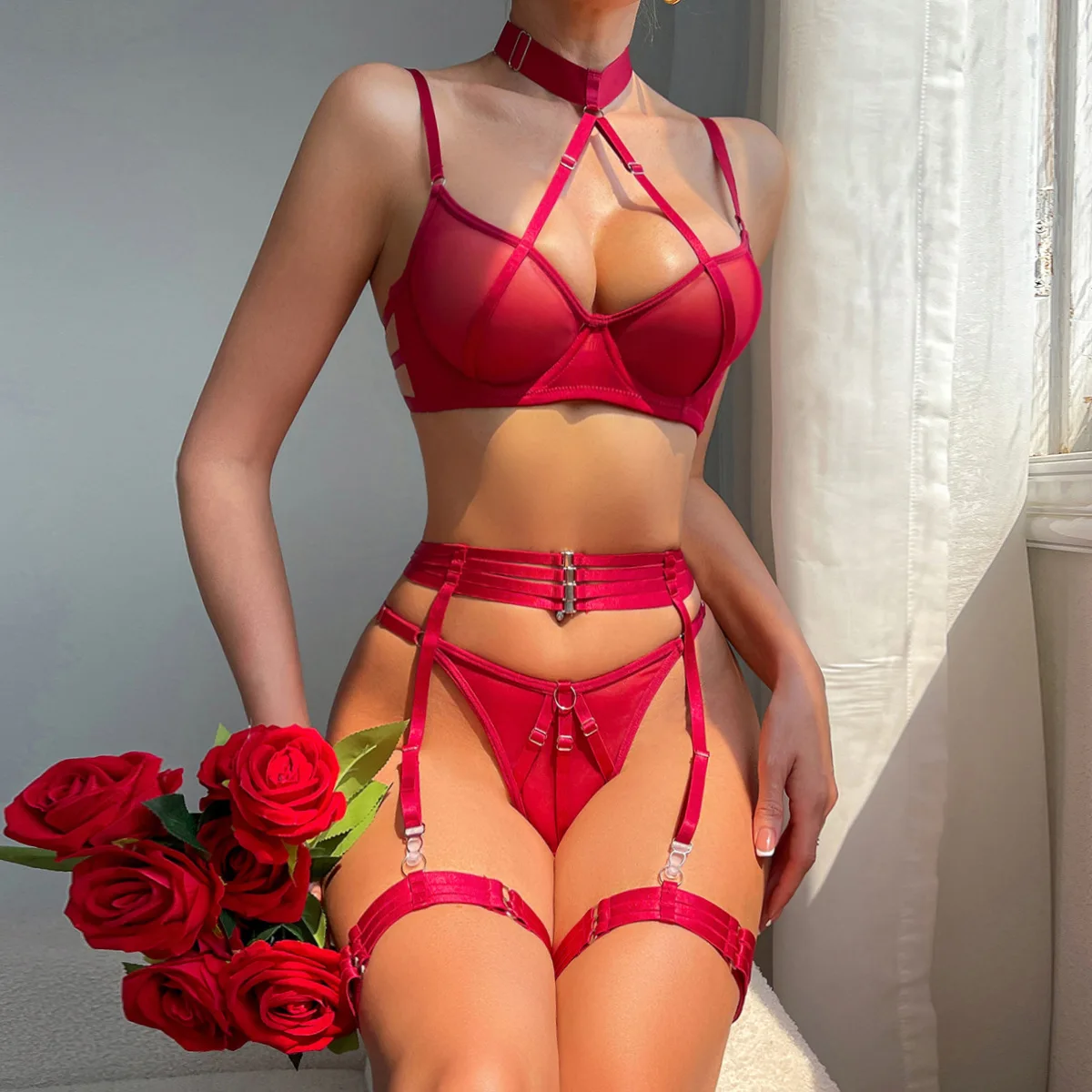 

Summer Sexy Thin Style See Through Lingerie Women's Sexy Perspective Underwear Female Halter Neck Bra Brief Four Piece with Belt