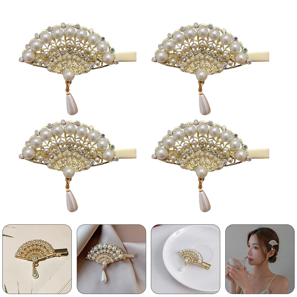 4 Pcs Hairpin Vintage Pearl Hairpins Women Accessories Decorations Fan Headdress Retro Clips Wedding