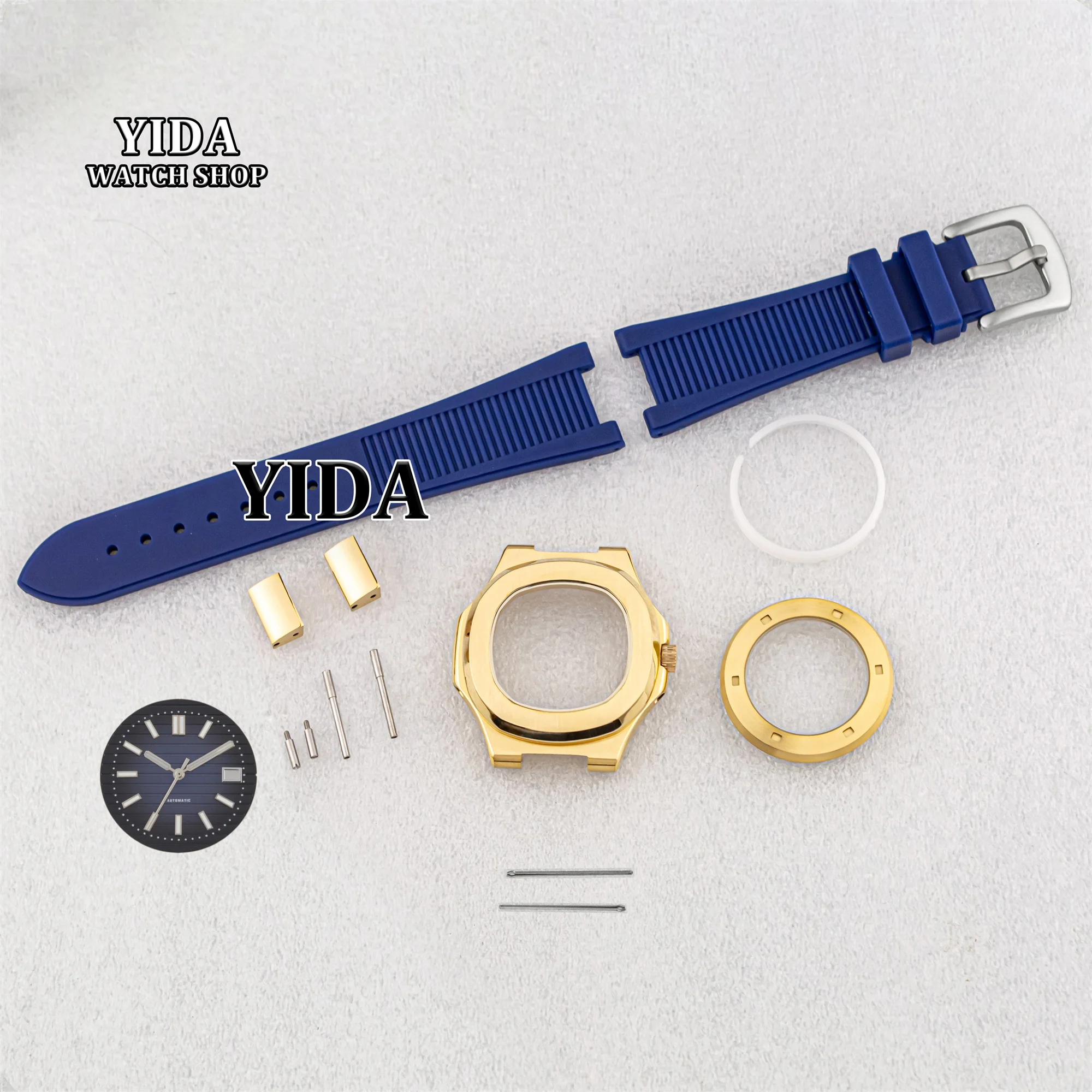 

41mm NH35 Case Rubber Band Stainless Steel Gold Watch Case Green Luminous Dial Hands 10ATM Waterproof Fit Nautilus NH35 Movement