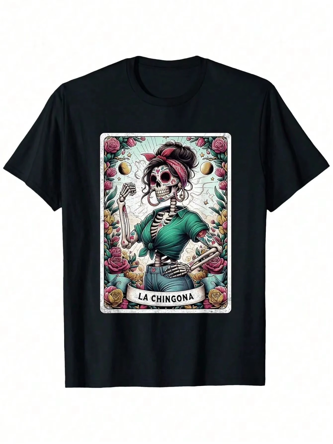 

La Chingona Funny Mexican Skeleton Tarot T-Shirt Men'S Crew Neck Fashionable Comfortable and Versatile Graphic T Shirts