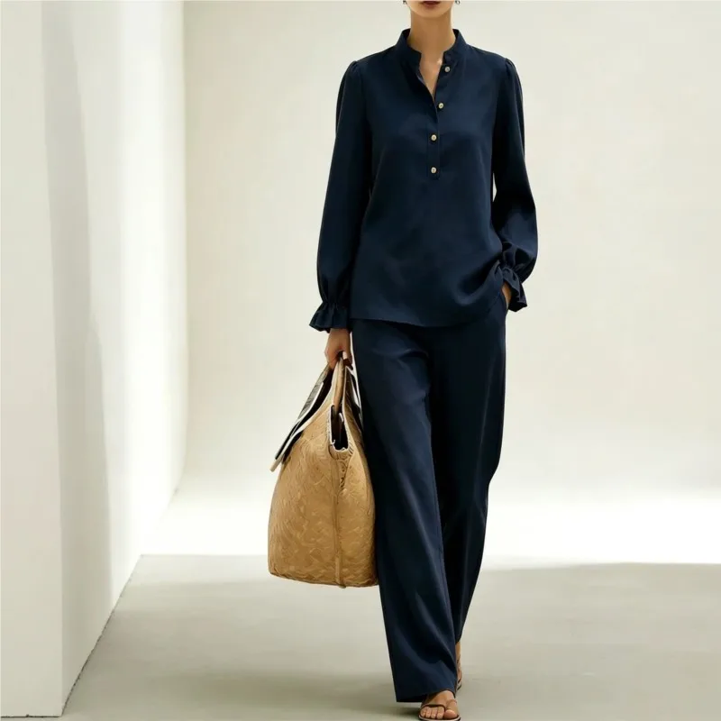Woman's Casual Solid Color Office Two-piece Set Fashion Stand Collar Button Up Half Open Top+wide Leg Pants Suit Lady Streetwear