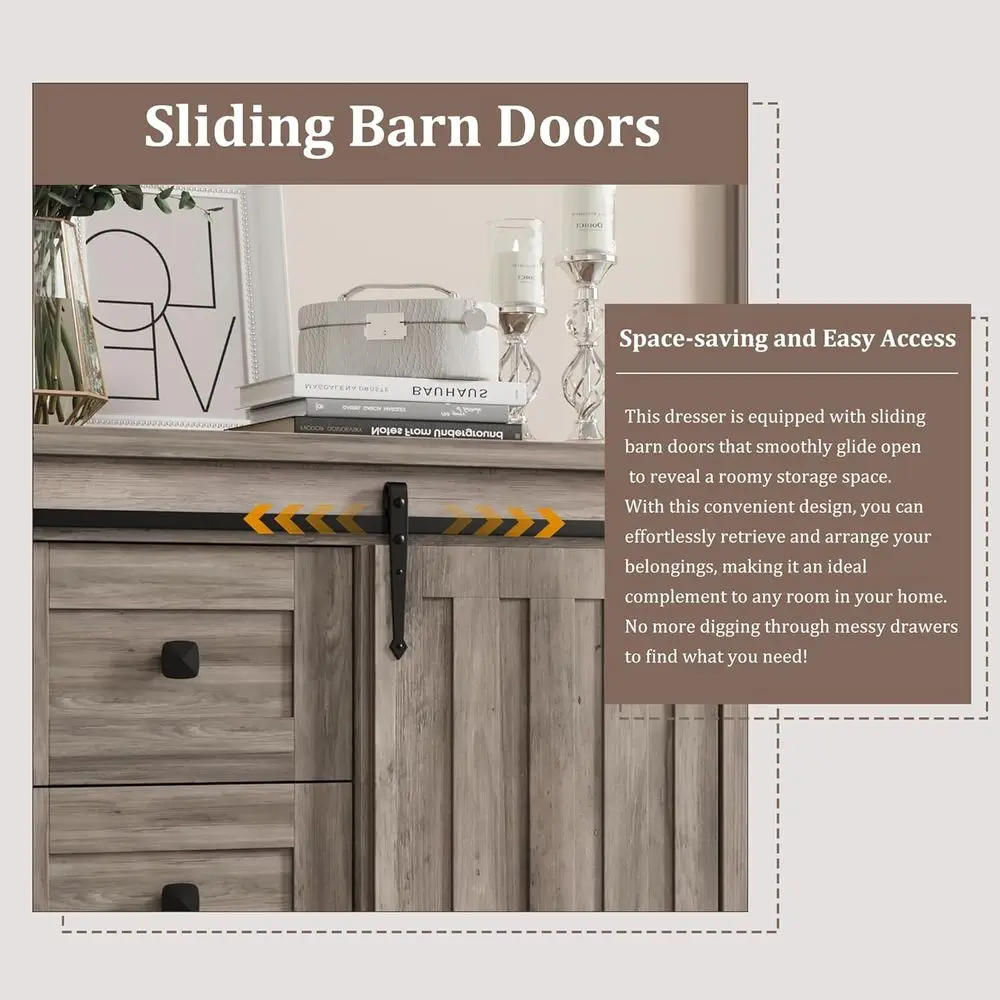 DAFIFY Cômoda com 5 gavetas, 48 baús alto de madeira com porta deslizante de celeiro, prateleira ajustável, organizador de armazenamento para quarto, corredor, Li