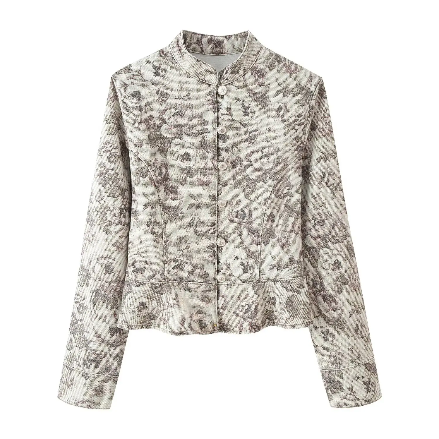 DUOPERI Women New Chinese Style Floral Jacquard Jacket Stand Collar With Ruffle Hem Female Chic Lady Vintage coat