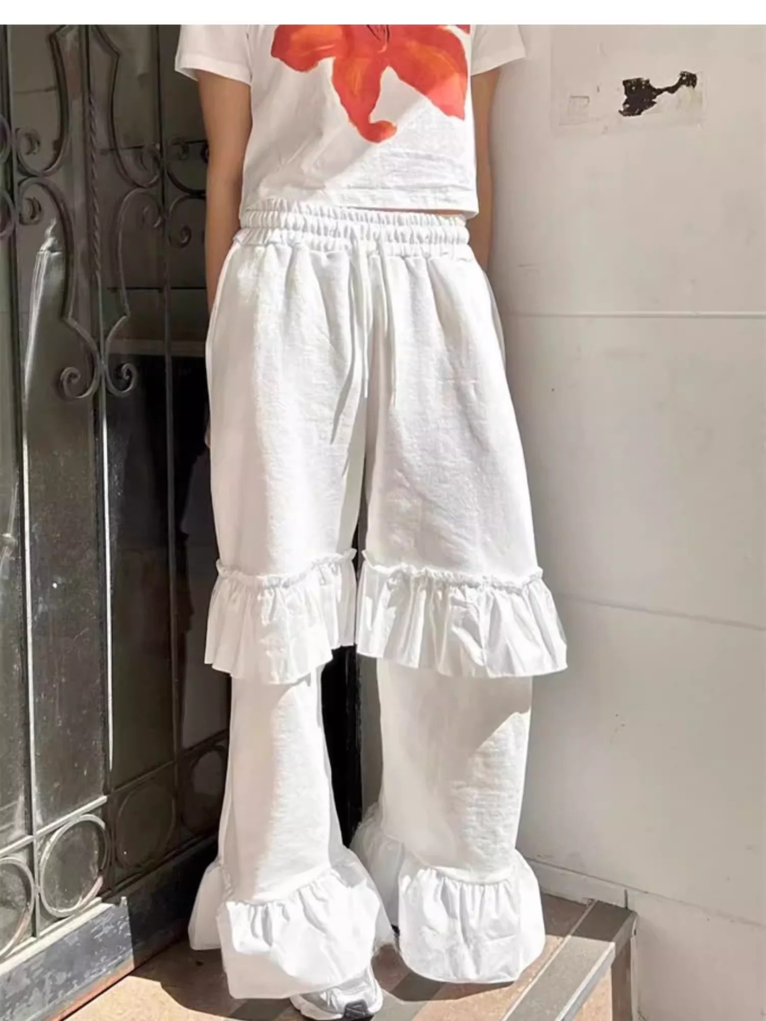 Korean Street Chic Ruffles Personalized Elastic Waist Loose Leisure Pants Versatile Age Reduction Solid Color Straight Trousers